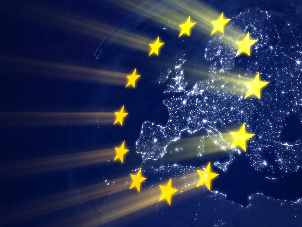 European Union flag on Earth background. Digitally Generated Image.
Texture for Earth get from Nasa https://www.nasa.gov/feature/goddard/2017/new-night-lights-maps-open-up-possible-real-time-applications