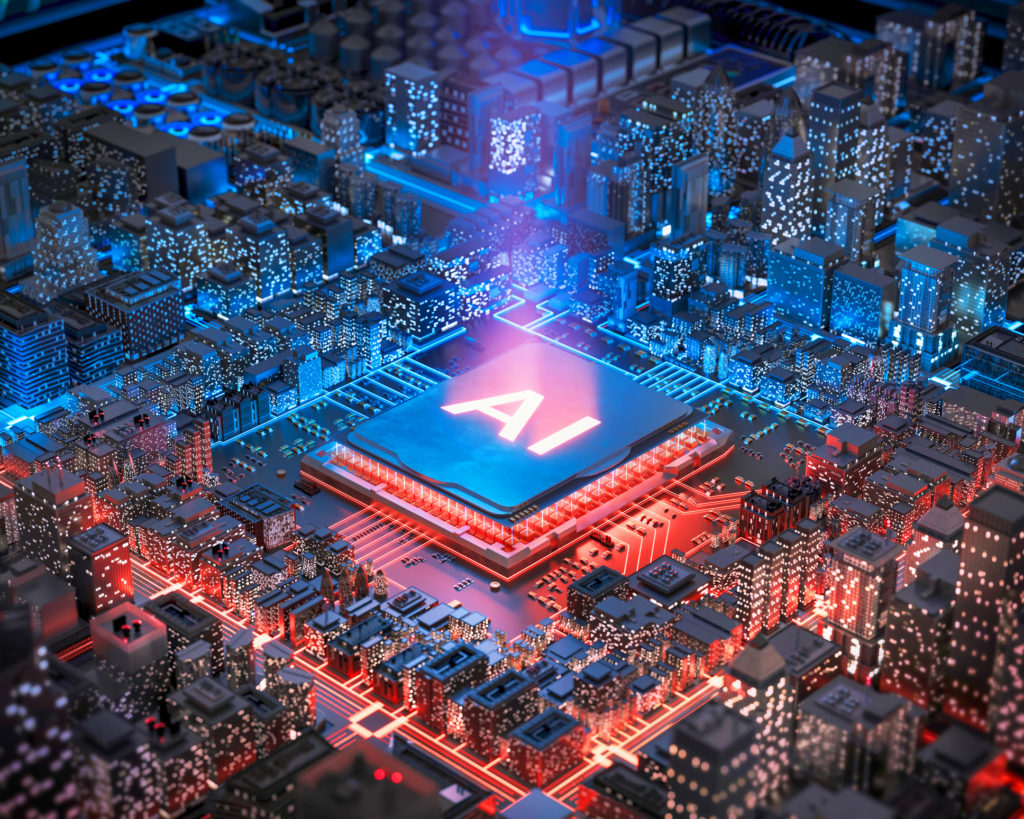 This conceptual stock image portrays an advanced microchip, prominently featuring the acronym "AI" for Artificial Intelligence, embedded in a transistor board intricately designed to resemble an urban landscape