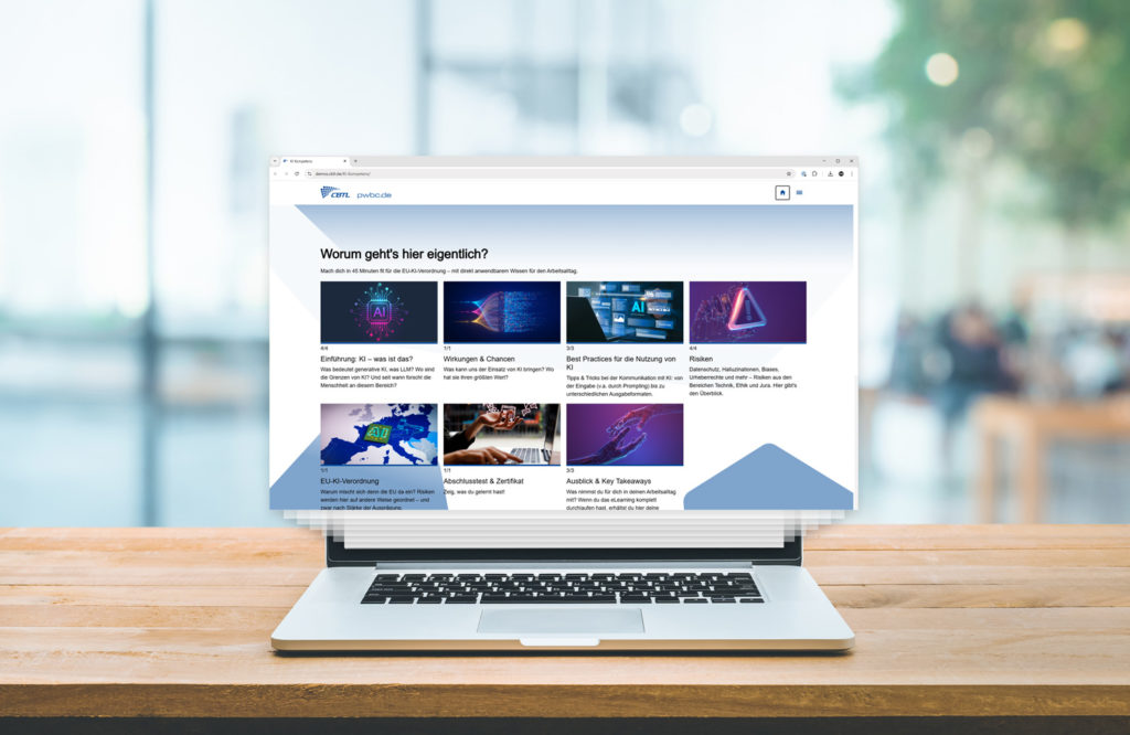 The image shows the overview of the learning content of the AI competence course in accordance with the EU AI Regulation on a desktop monitor.