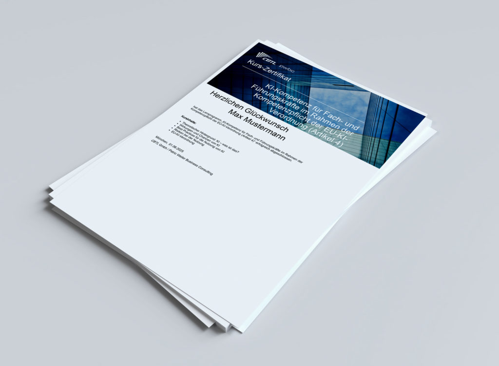 The picture shows the certificate of completion of the AI competence course in accordance with the EU AI Regulation.