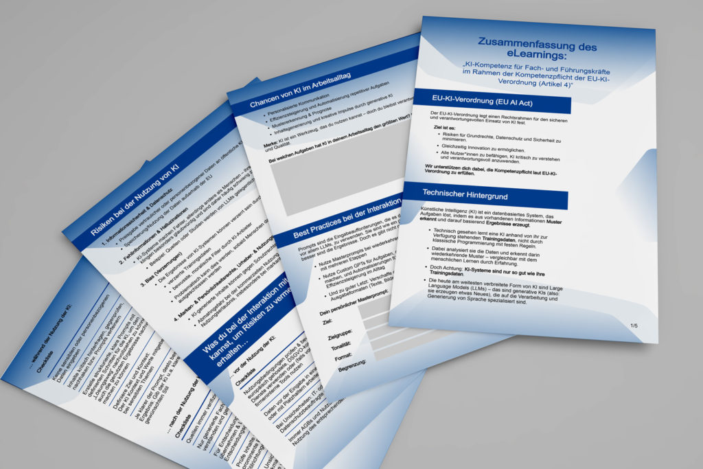 The picture shows the handout that all participants in the AI skills course receive. It contains information on the most important content.